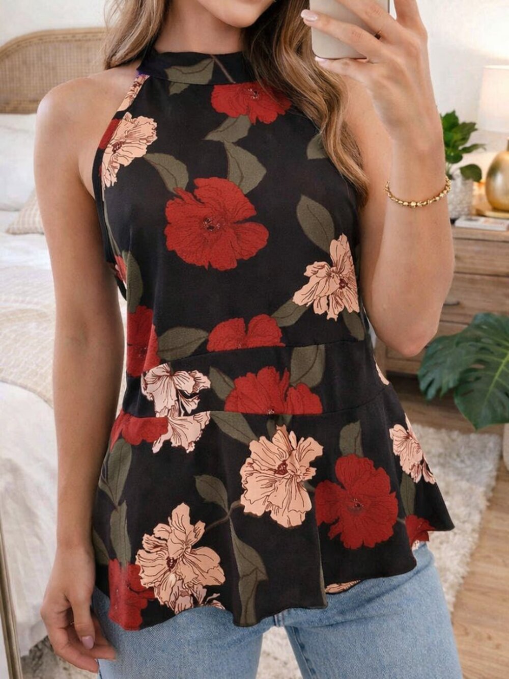 Vivace Black Floral Tank Top Sleeveless Boho Chic | Size: Large